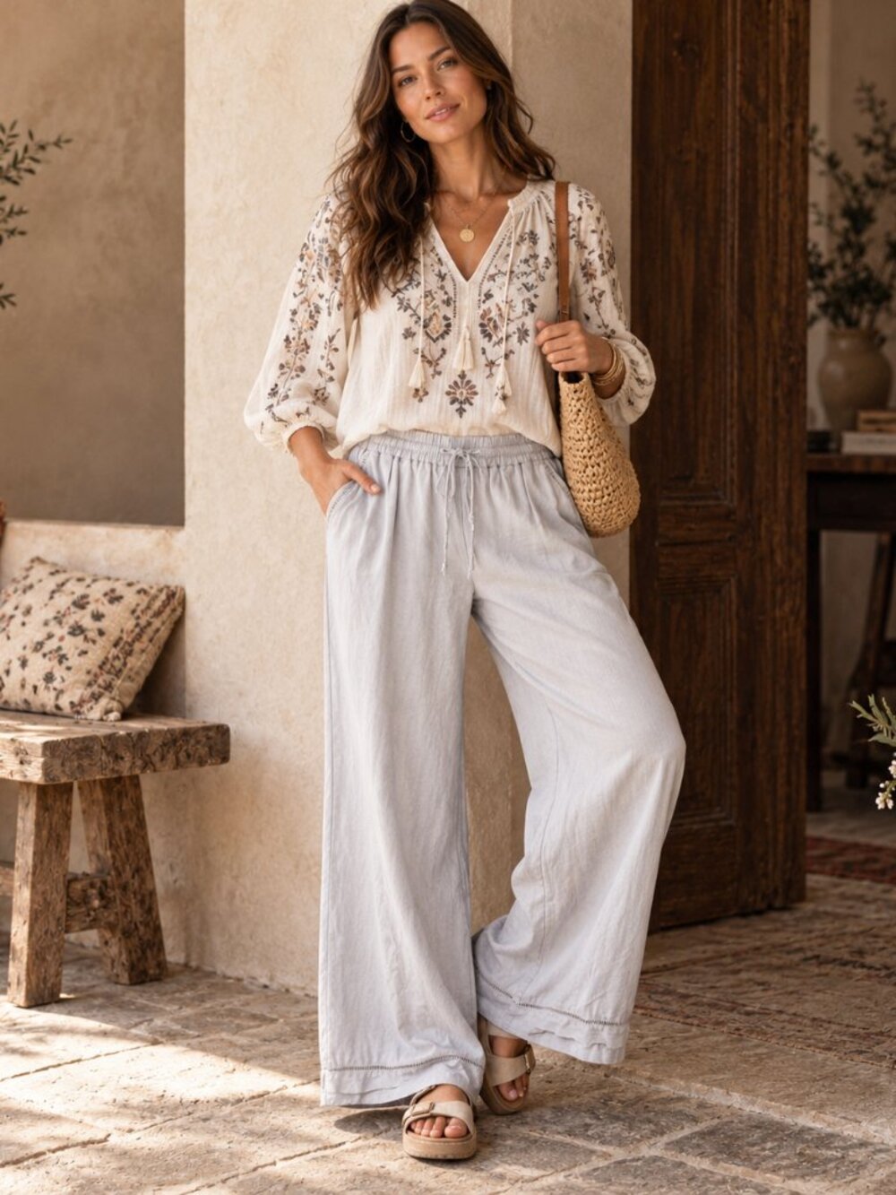 Lane Bryant Pants Womens 14/16 Gray Linen Blend Wide Leg Pull On Drawstring